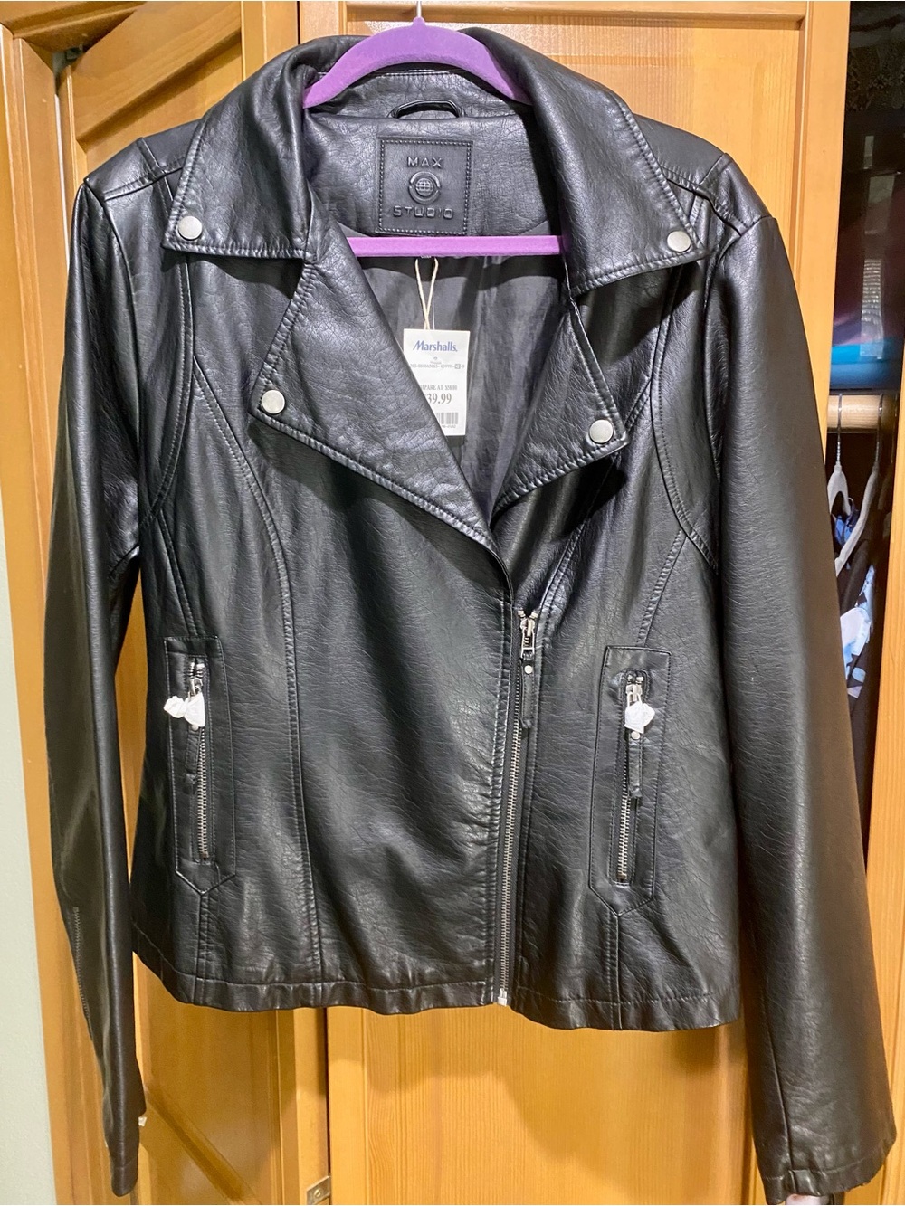 Max Studio Black Faux Leather Asymmetrical Zip Moto Jacket